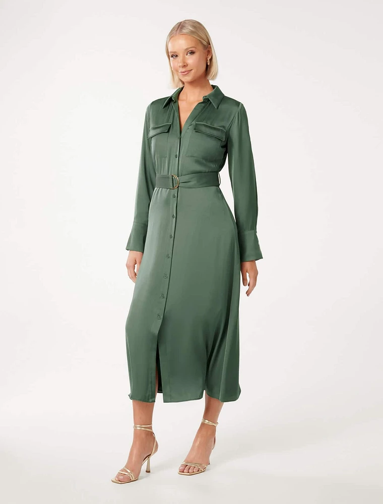 Piper Shirt Dress in Olive Green - Size 0 to 12 - Women's Midi Dresses