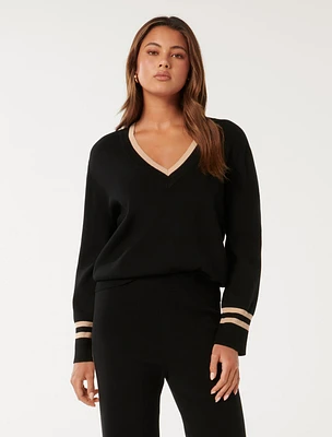 Hattie V-Neck Co-Ord Knit Sweater in Black/Neutral - Size 0 to 12 - Women's Outerwear