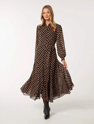Fiona Godet Pleat Midi Dress Brown/Black Wave Stripe - 0 to 12 Women's Day Dresses