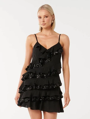 Bobby Sequin Ruffle Mini Dress Black - 0 to 12 Women's Evening Dresses