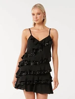 Bobby Sequin Ruffle Mini Dress Black - 0 to 12 Women's Evening Dresses