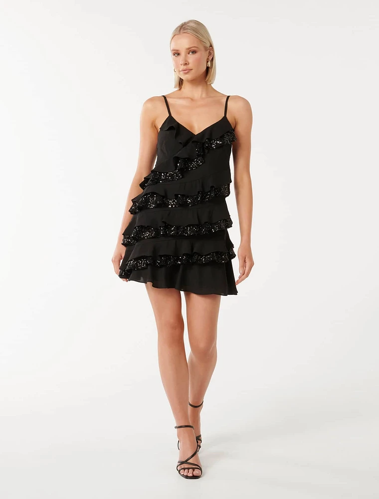 Bobby Sequin Ruffle Mini Dress Black - 0 to 12 Women's Evening Dresses