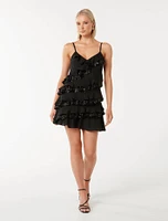 Bobby Sequin Ruffle Mini Dress Black - 0 to 12 Women's Evening Dresses