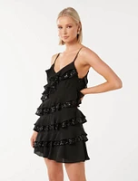 Bobby Sequin Ruffle Mini Dress Black - 0 to 12 Women's Evening Dresses
