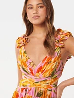 Selena Pleated Ruffle-Shoulder Maxi Dress