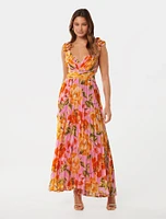 Selena Pleated Ruffle-Shoulder Maxi Dress