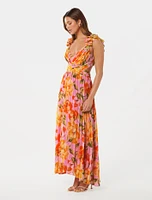 Selena Pleated Ruffle-Shoulder Maxi Dress