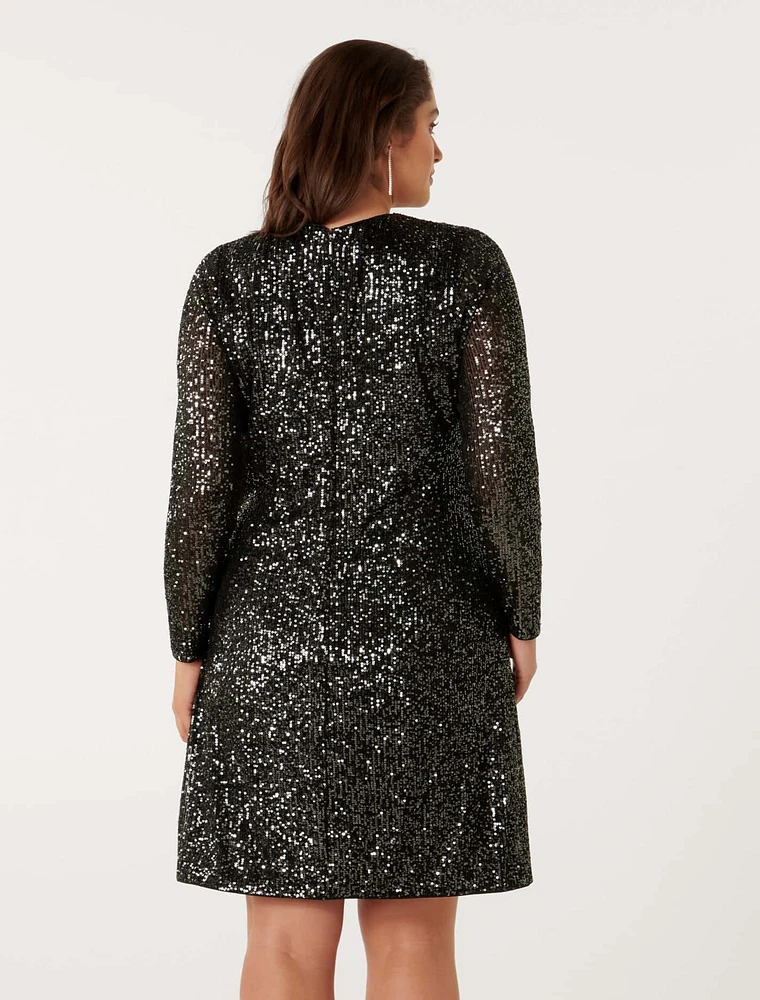 Robin Curve Sequin Long-Sleeve Mini Dress Gunmetal Grey - 12 to 20 Women's Plus Event Dresses