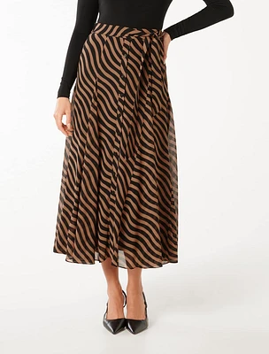 Donna Godet Pleat Midi Skirt Tan/Black Stripe - 0 to 12 Women's Skirts