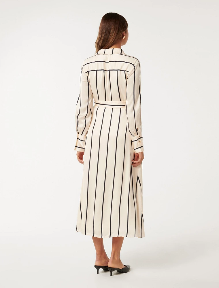 Janine Satin Midi Shirt Dress White/Black Stripe - 0 to 12 Women's Dresses