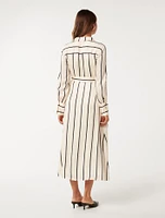 Janine Satin Midi Shirt Dress White/Black Stripe - 0 to 12 Women's Dresses