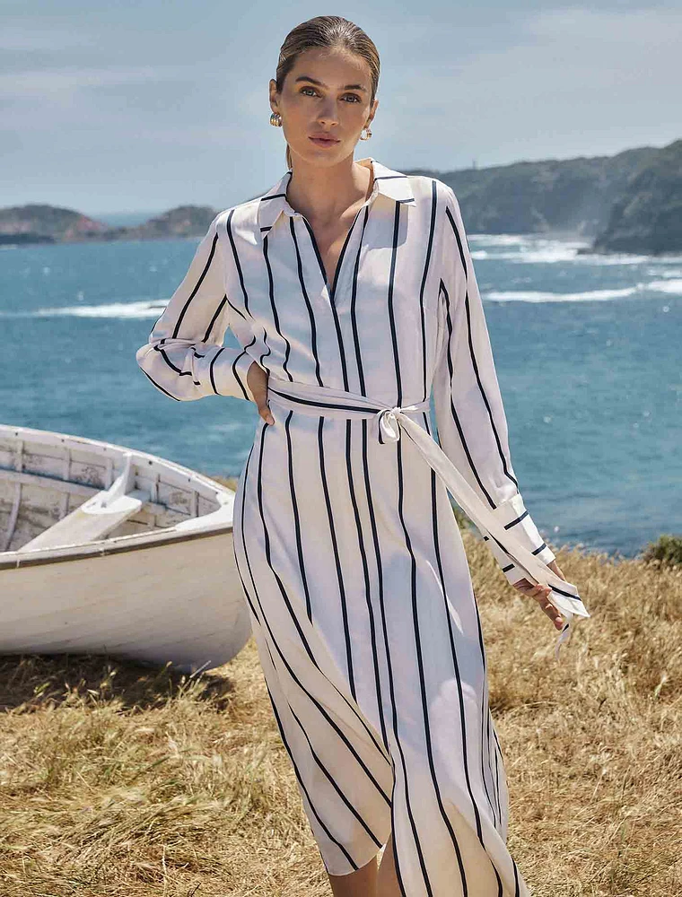 Janine Satin Midi Shirt Dress White/Black Stripe - 0 to 12 Women's Dresses