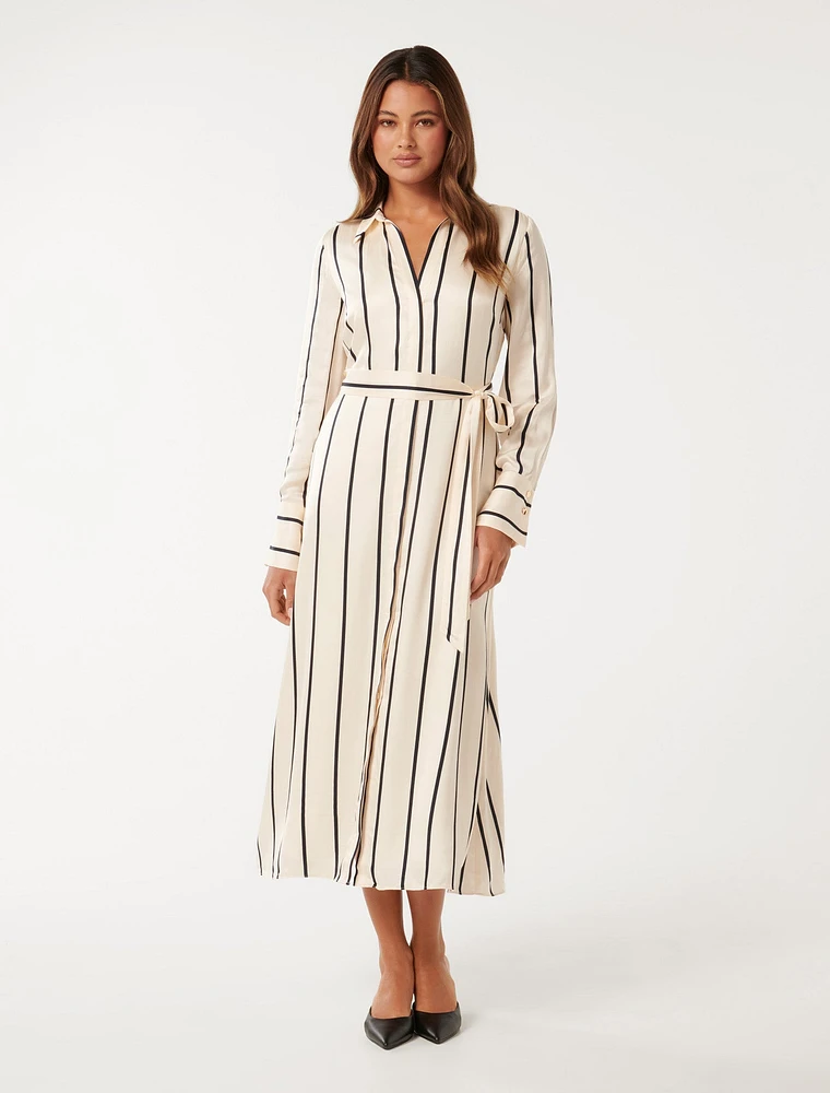 Janine Satin Midi Shirt Dress White/Black Stripe - 0 to 12 Women's Dresses