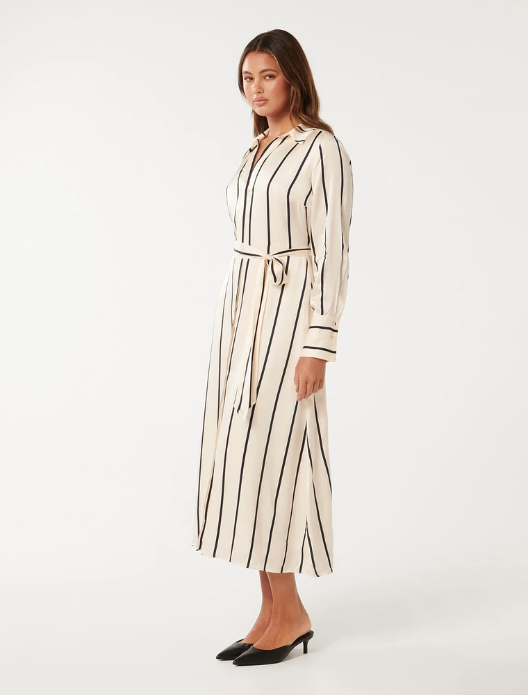 Janine Satin Midi Shirt Dress White/Black Stripe - 0 to 12 Women's Dresses