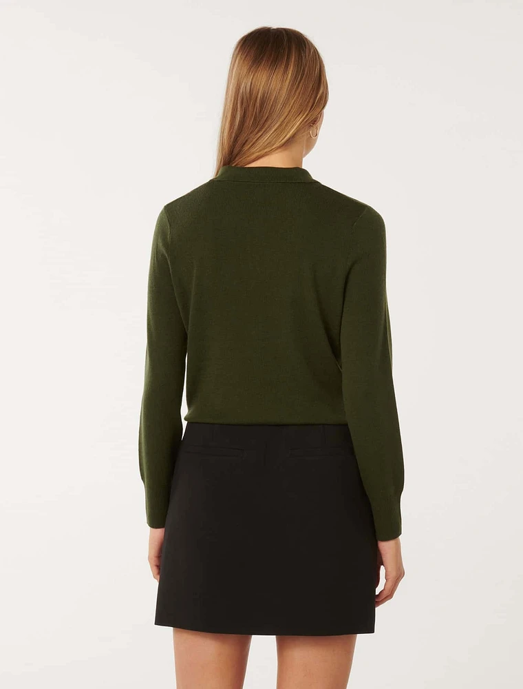Olive Button Through Polo Jumper