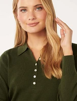 Olive Button-Through Polo Sweater