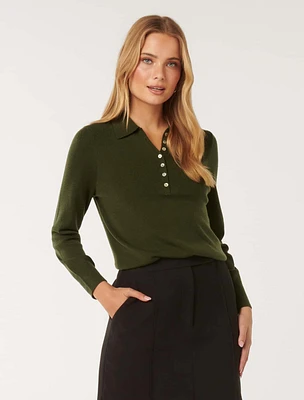 Olive Button-Through Polo Sweater