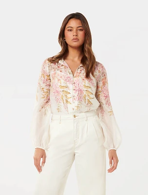 Ellidy Button-Down Blouse White/Pink Floral Placement Print - 0 to 12 Women's Blouses