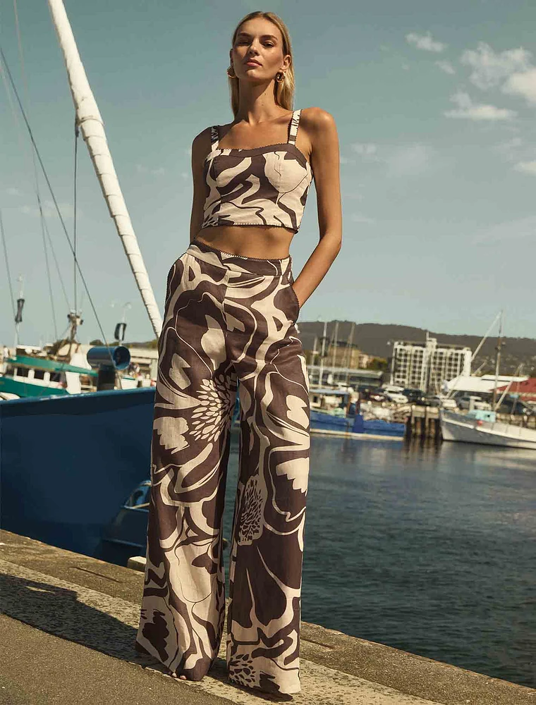 Ebony Wide-Leg Linen Pants Brown Abstract Print - 0 to 12 Women's