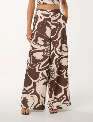 Ebony Wide-Leg Linen Pants Brown Abstract Print - 0 to 12 Women's