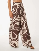 Ebony Wide-Leg Linen Pants Brown Abstract Print - 0 to 12 Women's