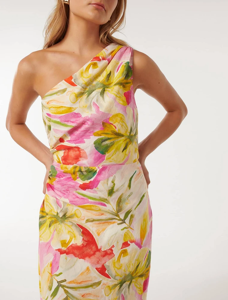 Elle One-Shoulder Midi Dress Bright Tropical Print - 0 to 12 Women's Day Dresses