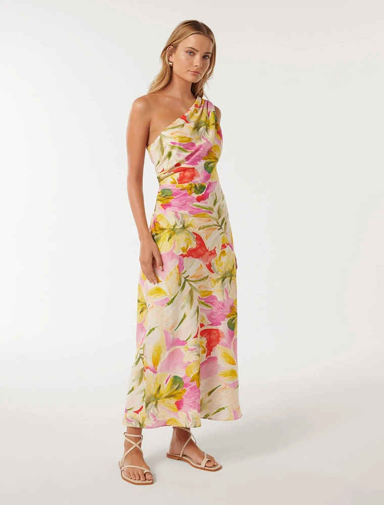 Elle One-Shoulder Midi Dress Bright Tropical Print - 0 to 12 Women's Day Dresses