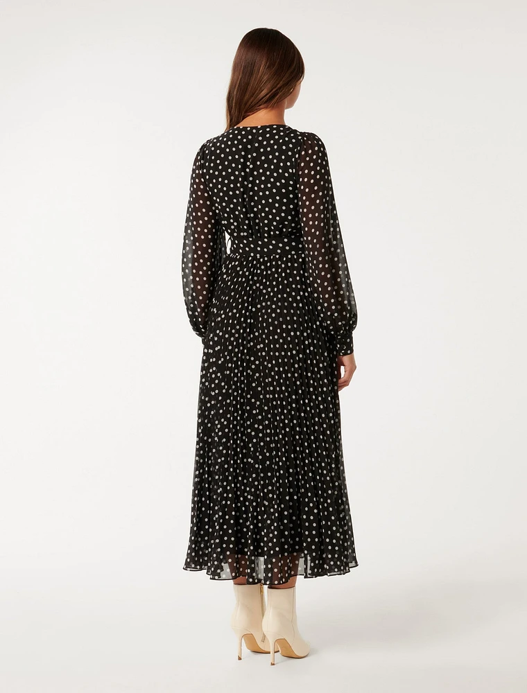 Silvia Pleated Midi Dress Black Spot - 0 to 12 Women's Dresses