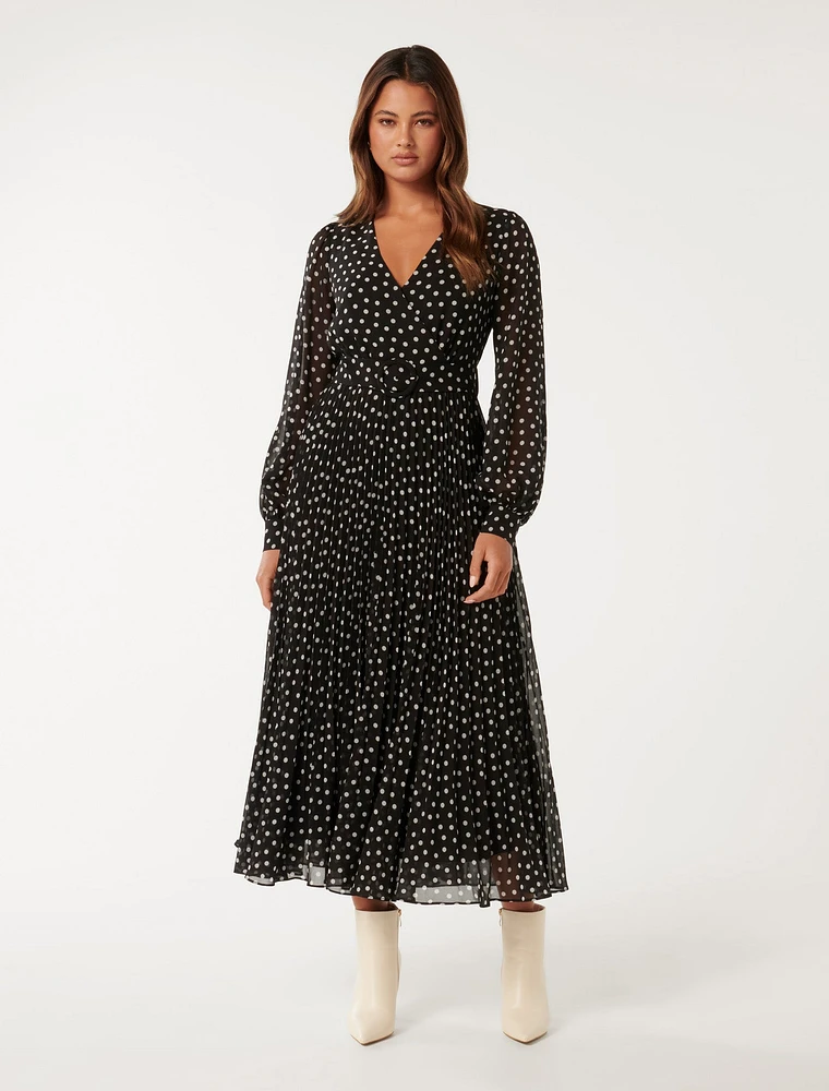 Silvia Pleated Midi Dress Black Spot - 0 to 12 Women's Dresses