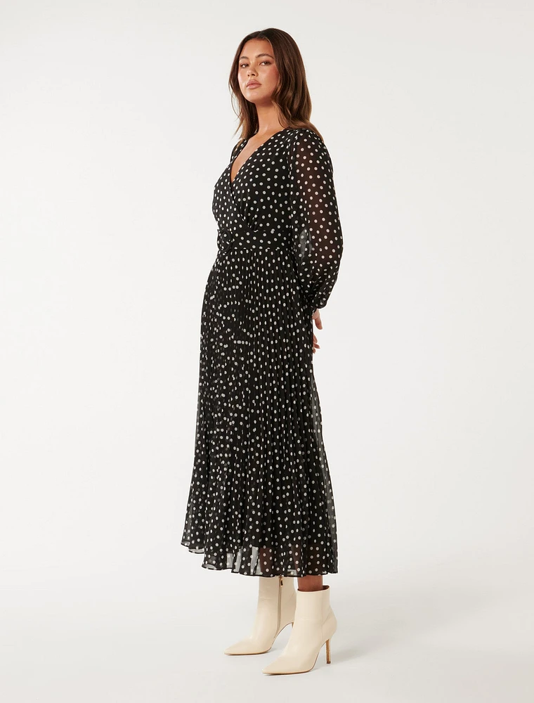 Silvia Pleated Midi Dress Black Spot - 0 to 12 Women's Dresses