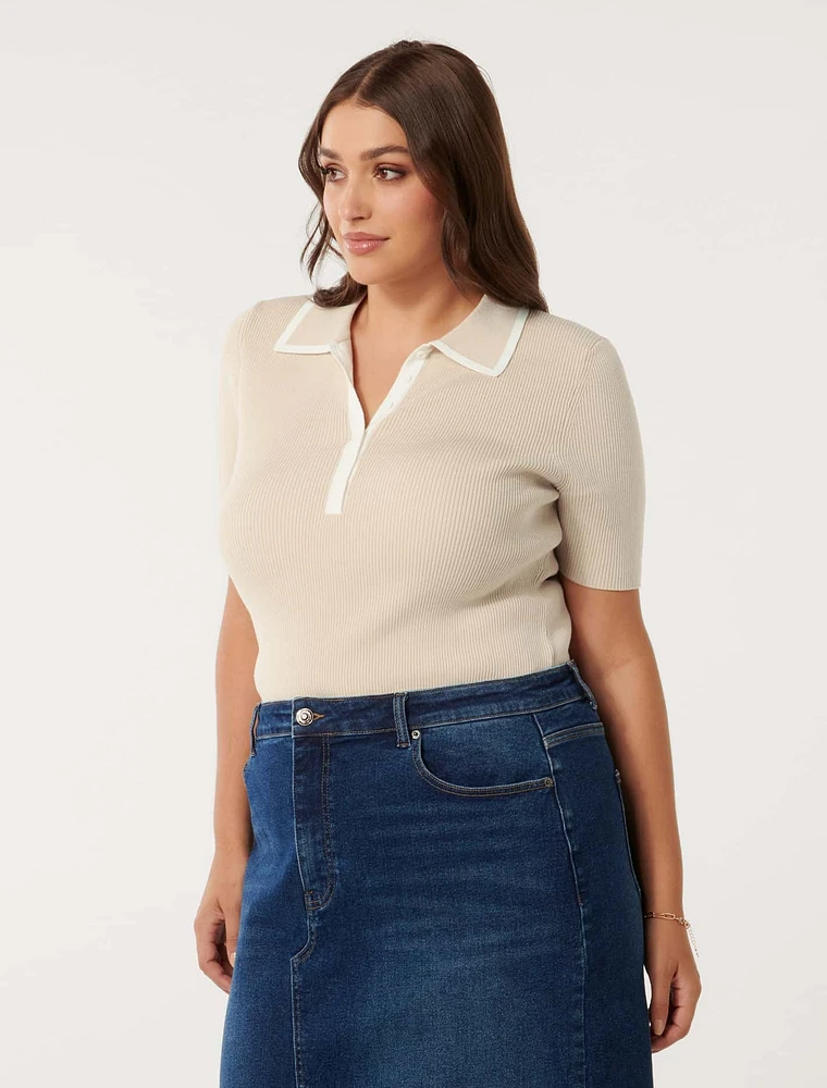 Jo Curve Collar Knit Polo Top