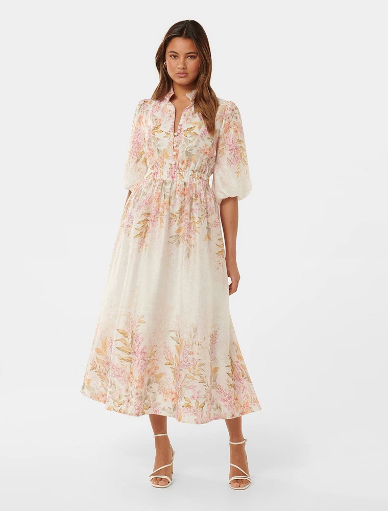 Ivy Printed Puff Sleeve Midi Dress