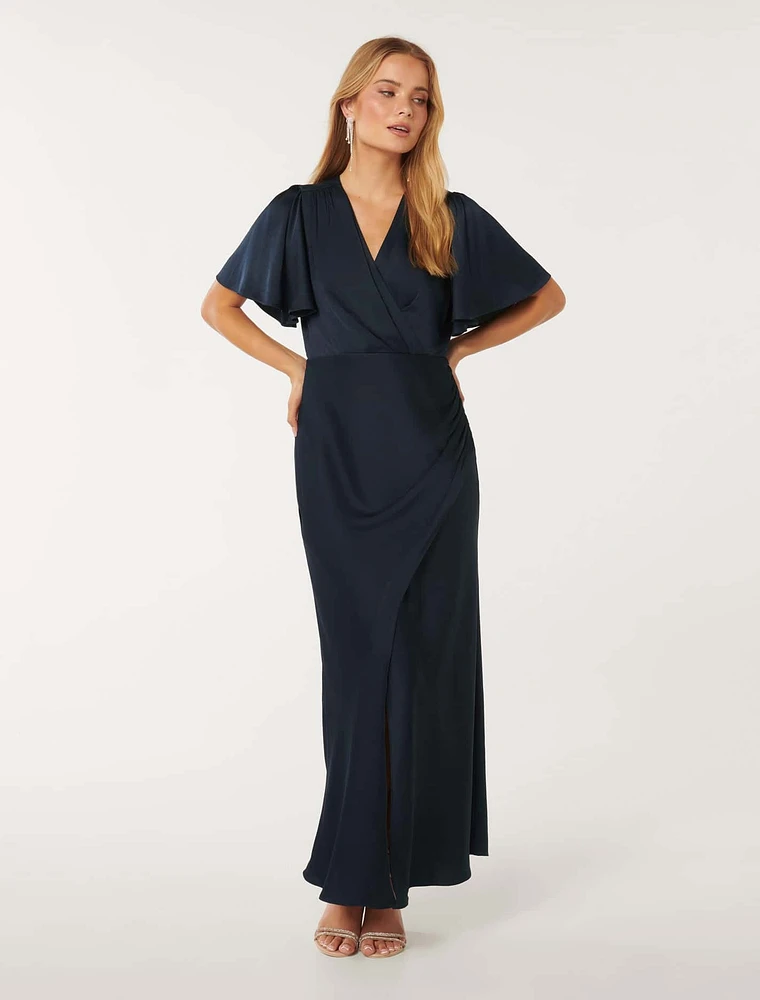 Chelsea Flutter-Sleeve Satin Maxi Dress