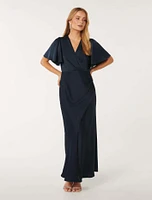 Chelsea Flutter-Sleeve Satin Maxi Dress