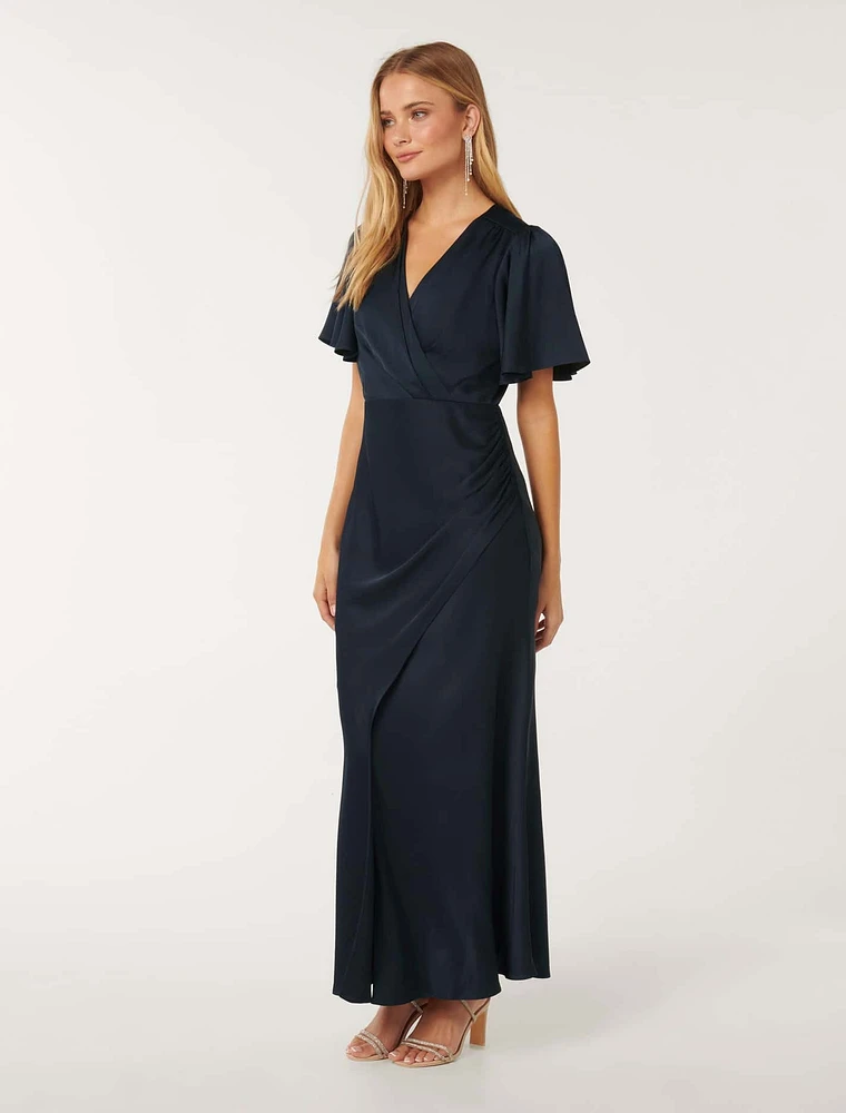 Chelsea Flutter-Sleeve Satin Maxi Dress