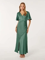 Chelsea Flutter-Sleeve Satin Maxi Dress