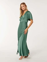 Chelsea Flutter-Sleeve Satin Maxi Dress