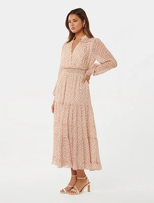 Kendra Long Sleeved Midi Dress in Tan Geo Print - Size 0 to 12 - Womens Printed Dresses