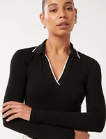 Reina Contrast Long-Sleeve Polo Top