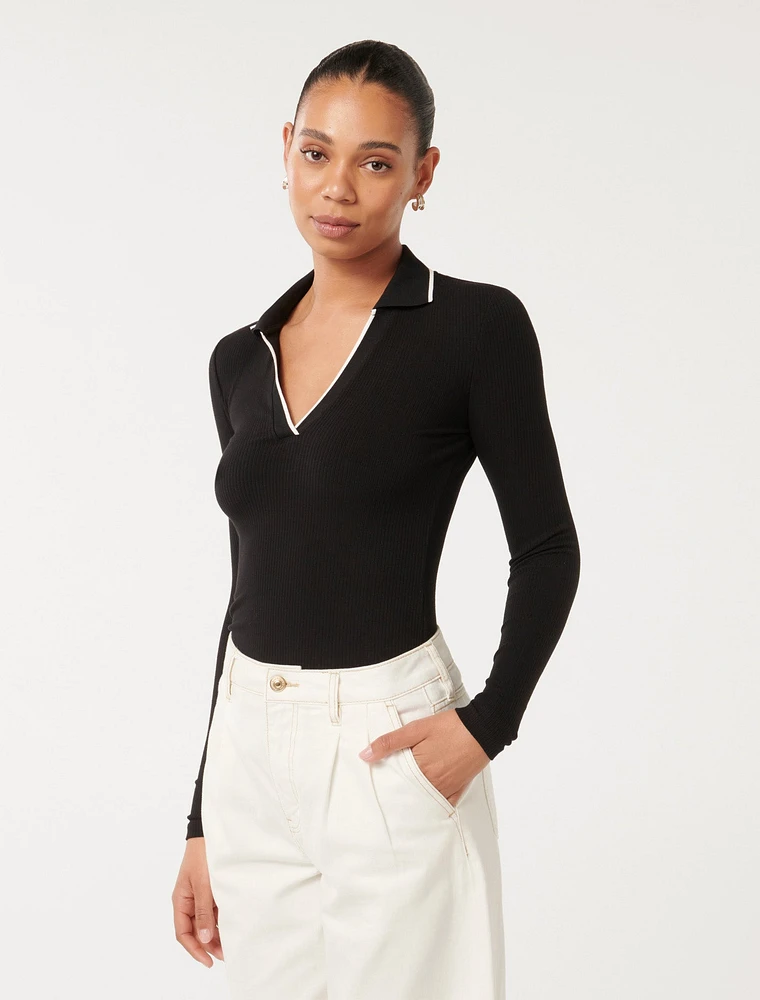 Reina Contrast Long-Sleeve Polo Top