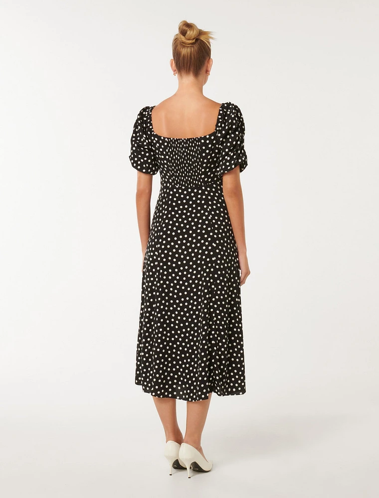 Hailee Puff-Sleeve Midi Dress Black Spot - 0 to 12 Women's Dresses