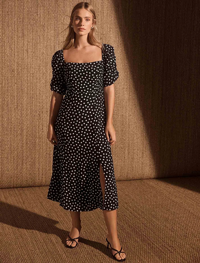 Hailee Puff-Sleeve Midi Dress Black Spot - 0 to 12 Women's Dresses