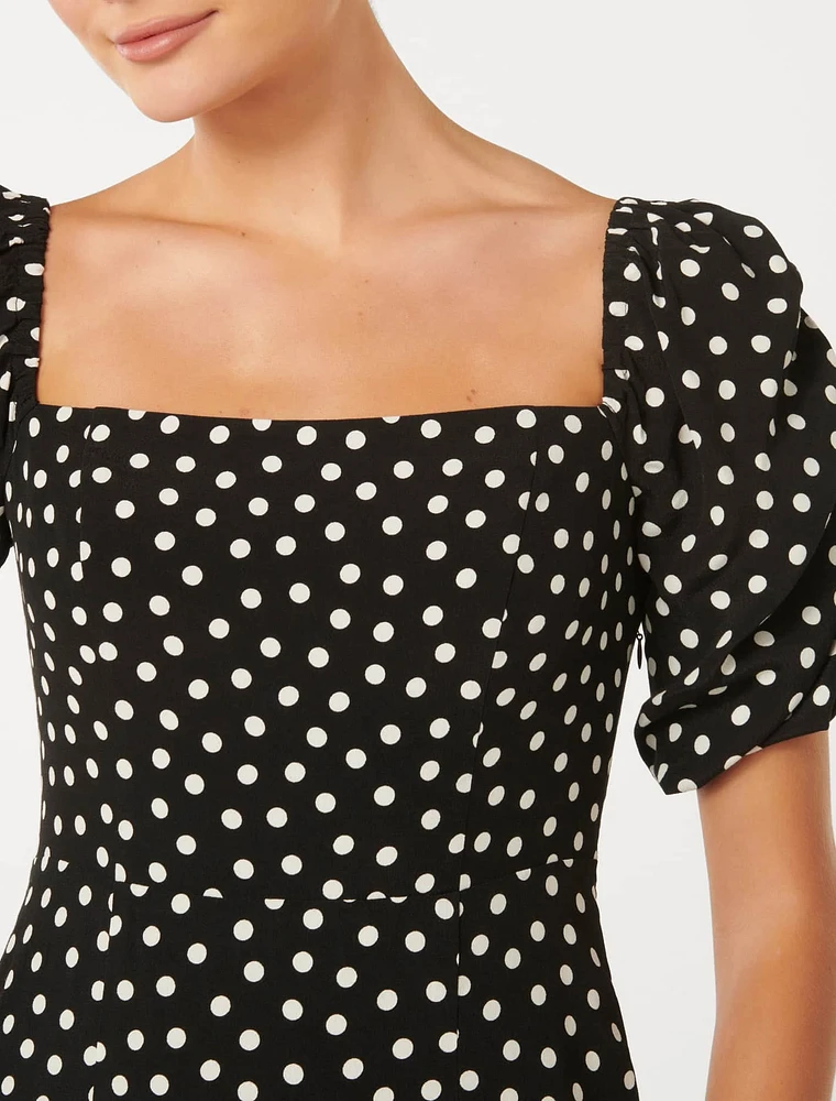 Hailee Puff-Sleeve Midi Dress Black Spot - 0 to 12 Women's Dresses