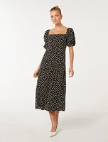 Hailee Puff-Sleeve Midi Dress Black Spot - 0 to 12 Women's Dresses