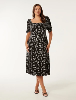 Hailee Curve Puff-Sleeve Midi Dress