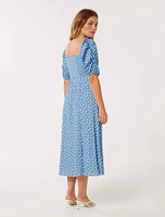 Hailee Petite Puff-Sleeve Midi Dress Blue Spot Print - 0 to 12 Women's Dresses