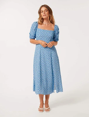 Hailee Petite Puff-Sleeve Midi Dress Blue Spot Print - 0 to 12 Women's Dresses