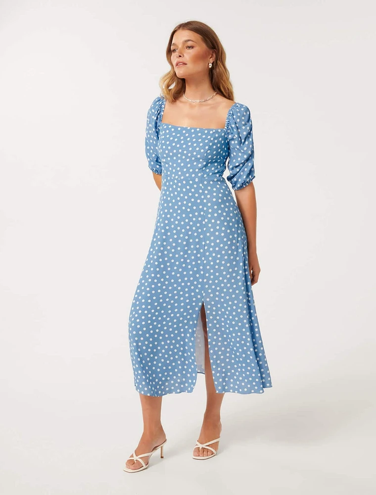 Hailee Petite Puff-Sleeve Midi Dress Blue Spot Print - 0 to 12 Women's Dresses