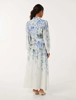 Peyton Petite Trim Detail Midi Dress Blue Floral Print - 0 to 12 Women's Dresses