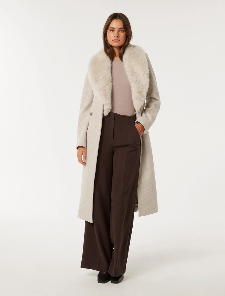 Monica Faux-Fur Collar Wrap Coat